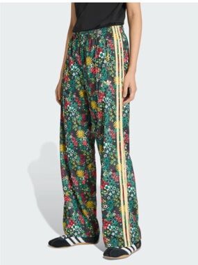 adidas Green Floral Wide-Leg Track Pants with Yellow Stripes